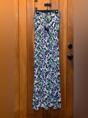 White House Black Market Floral Blue & Green Strapless Maxi Dress